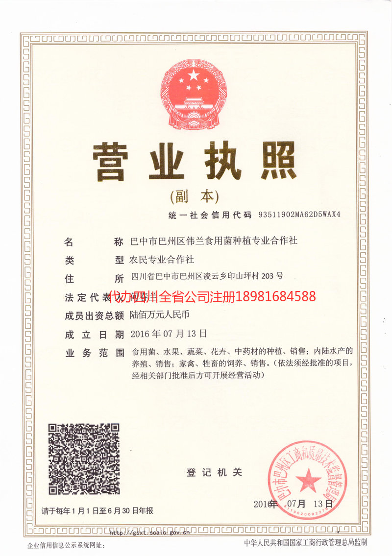 邛崃邛崃伟兰食用菌种植专业合作社